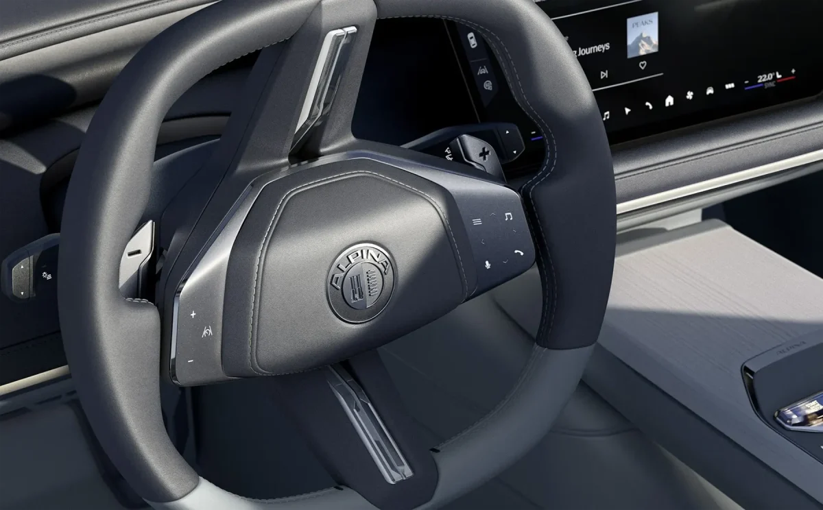 Nouveau logo BMW Alpina placé au centre du volant du concept Vision Alpina.